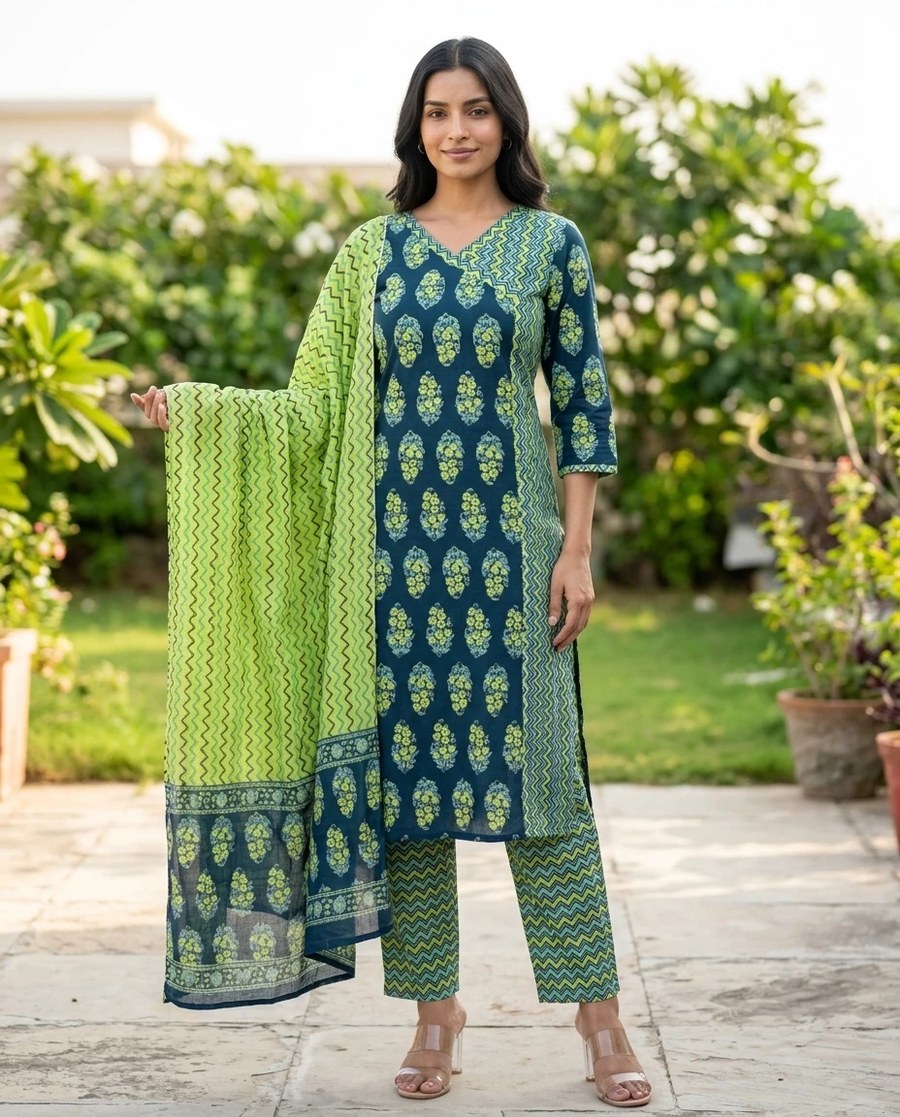 Lime Zest Teal Block-Print Kurta Set – cotton kurta set