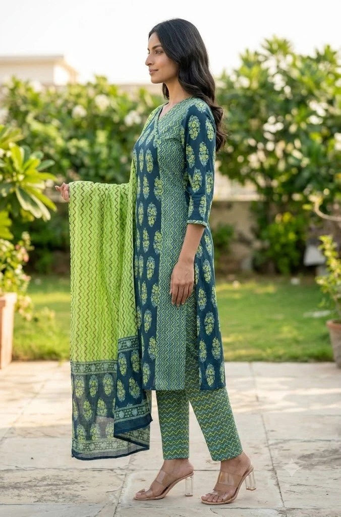 Lime Zest Teal Block-Print Kurta Set – view 2