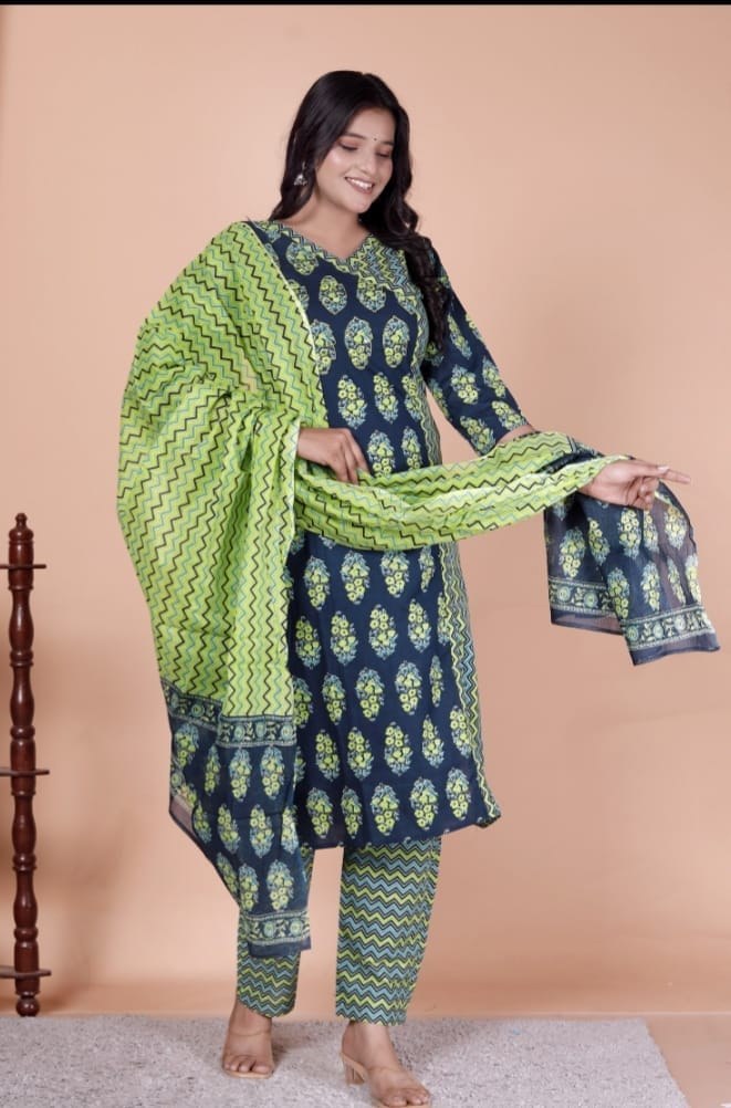Lime Zest Teal Block-Print Kurta Set – view 3