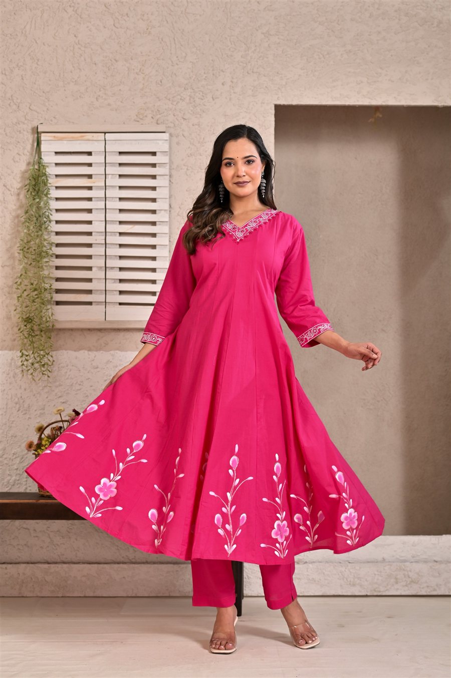 Magenta Anarkali kurti set with hand-painted blossoms