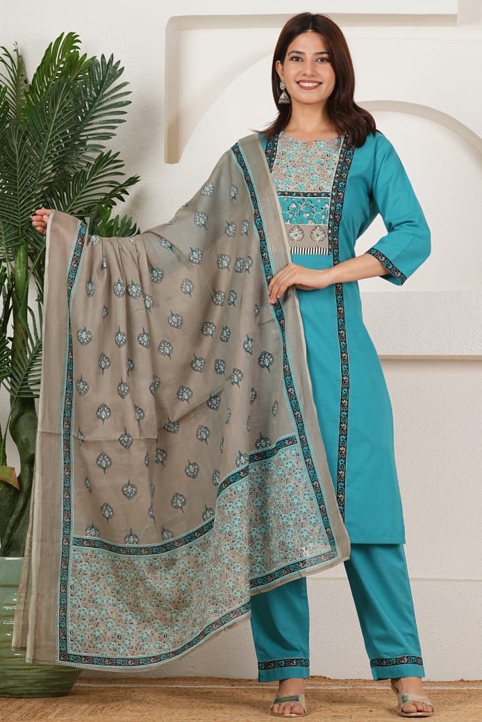 Teal straight kurti set with printed dupatta